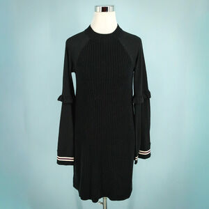 Free People Size Small S Black Zou Bisou Ribbed Knit Long Bell Sleeve Dress